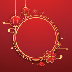 Happy Chinese new year 2025. Chinese new year banner with circle for show product. Greeting card. China frame with lantern on red background.