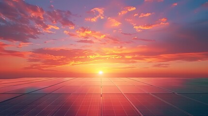 Solar panels reflecting sunset sky with vibrant clouds. Concept of renewable energy, sustainability, and environmentalism