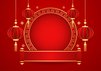 Happy Chinese new year 2025. Chinese new year banner with circle for show product. Greeting card. China frame with lantern on red background.