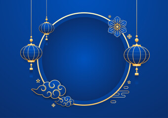 Happy Chinese new year 2025. Chinese new year banner with circle for show product. Greeting card. China frame with lantern on Blue background.