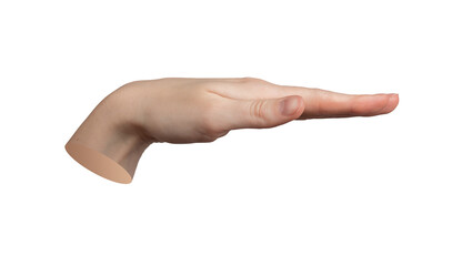 Hand gesture, palm down, measuring horizontal level. Isolated on white background. Fingers...