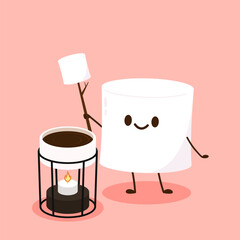 Illustration of chocolate fondue. Chocolate fondue and marshmallows vector. Marshmallows mascot vector.