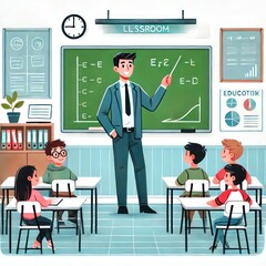 Teacher Engaging Students in Classroom Setting with Blackboard and Educational Charts