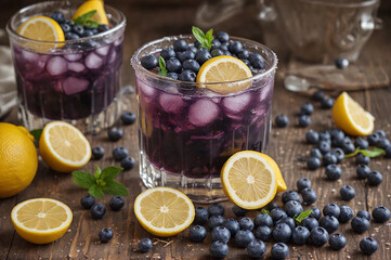 Fototapeta premium Two glasses with refreshing drink of blueberries and lemon on table surrounded by berries and circles of citrus fruit. AI generative.