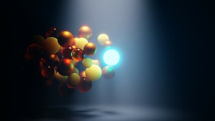 An abstract digital artwork featuring colorful spheres illuminated by a bright light against a dark backdrop