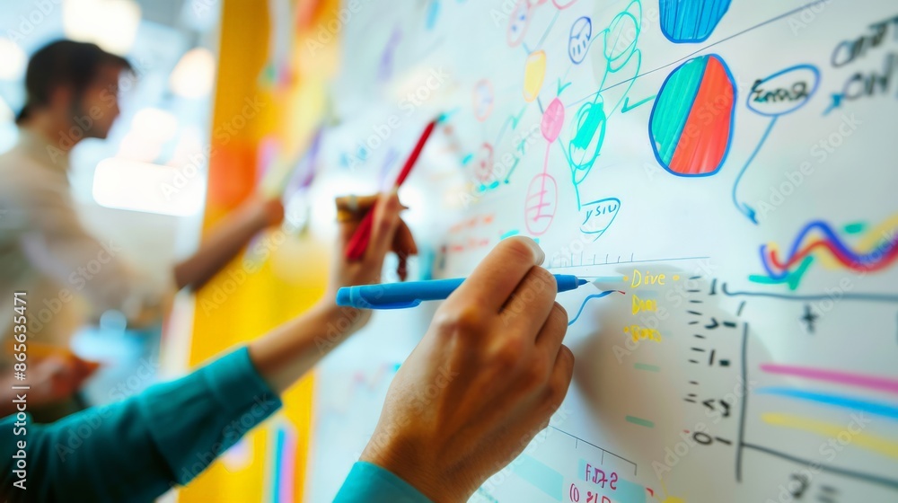 Poster Close-up of a woman writing on a whiteboard with colorful diagrams during a business brainstorming session. Ideal for planning and strategy concepts