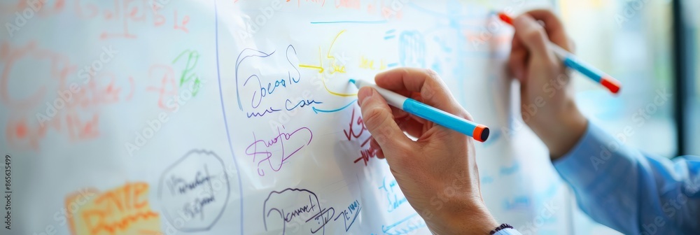 Poster Two people writing on a whiteboard with colorful notes during a business brainstorming session. Ideal for teamwork and planning concepts