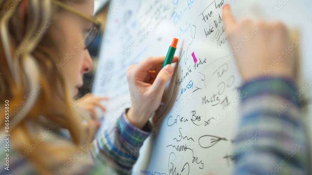 Poster close-up of woman writing on whiteboard with marker during a creative brainstorming session. ideal f