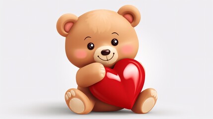 Teddy bear cuddling a heart, with a cute smile.