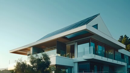 Modern sustainable home with solar panels on roof, embracing green energy and eco-friendly living. Concept of renewable energy, sustainability and environmentalism.