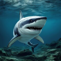 Adorable killer whales family swimming together and looking up towards sea surface in 3d illustration
