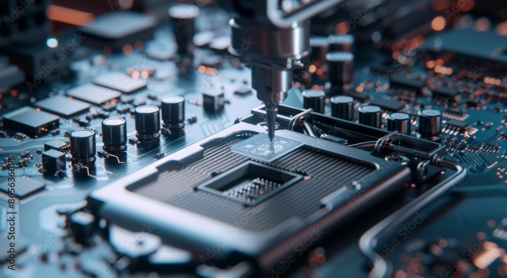 Aufkleber close-up shot of advanced technology microchip manufacturing process on a high-tech circuit board