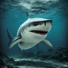 Adorable killer whales family swimming together and looking up towards sea surface in 3d illustration
