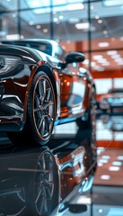 Realistic close up photo of car for sale in showroom with soft focus, appealing for buyers