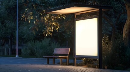 Empty illuminated billboard at bus stop at night, blank advertisement mockup in urban environment. Concept of marketing, advertising, and outdoor media