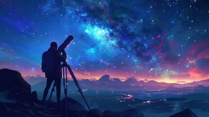Fototapeta premium Astronomer studying galaxies through a telescope