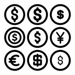 Currency symbols in circular shapes on white background