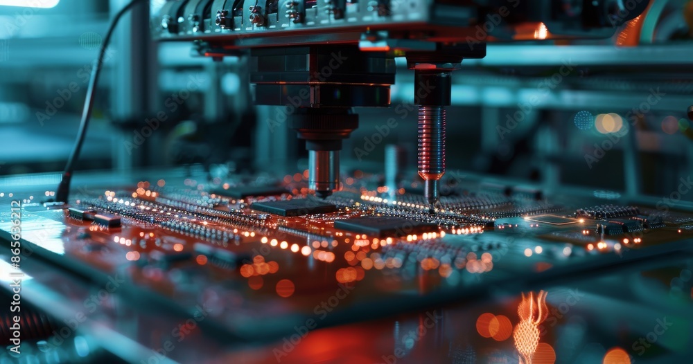 Poster close-up of automated circuit board manufacturing with advanced robotics