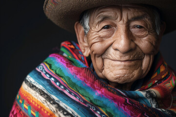 Close-up portrait of a senior Latino man, studio photo, against a sleek gray studio backdrop
