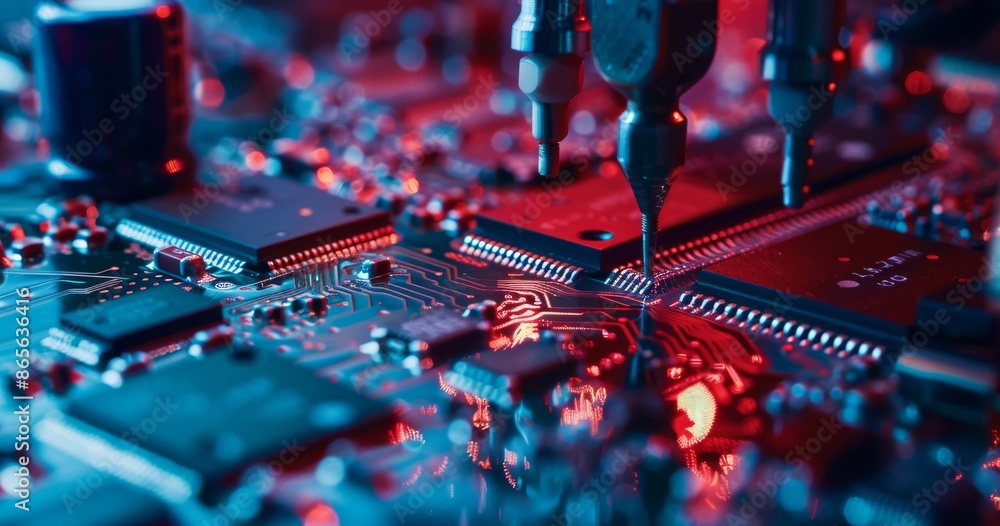 Poster close-up of advanced circuit board manufacturing with automated robotic process