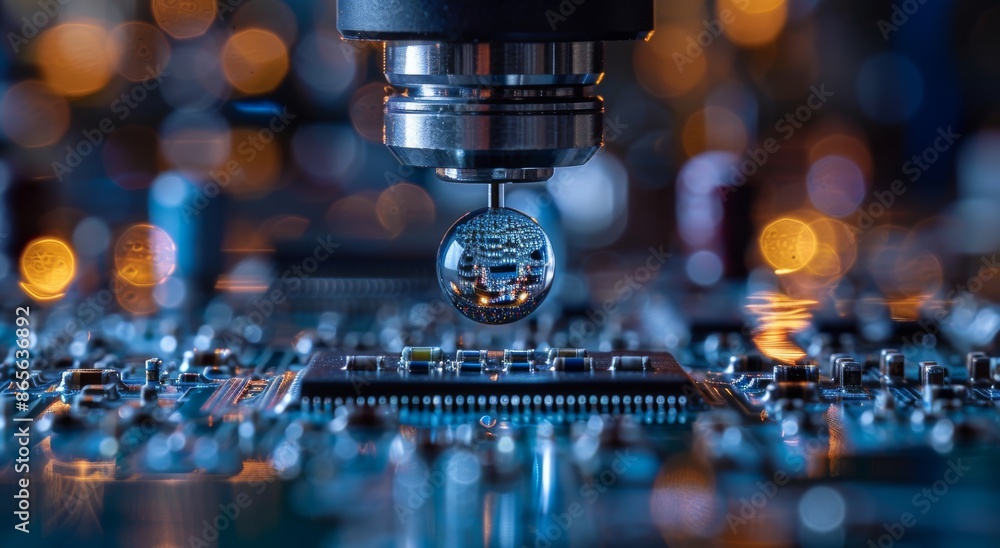Poster close-up of an integrated circuit being inspected with reflecting lens and bokeh lights