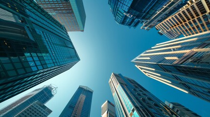 Upward perspective of modern skyscrapers with blue sky background, highlighting business growth and corporate architecture. Ideal for urban and business themes