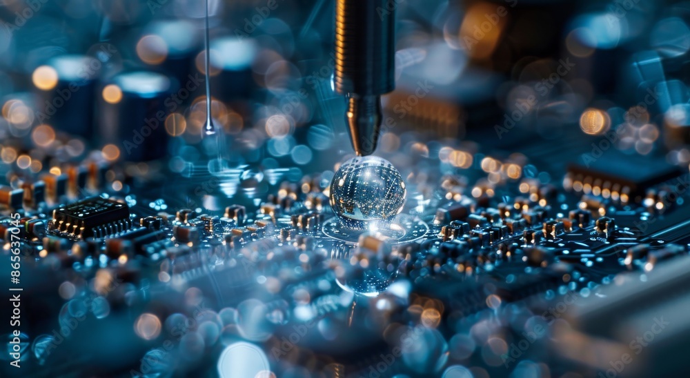 Aufkleber close-up shot of integrated circuit board with soldering tool and microchip in a technology concept