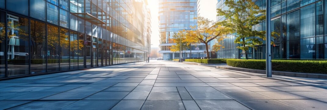 Modern cityscape with glass buildings and reflections, capturing urban calm and business environment. Ideal for corporate and architectural themes