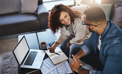 Book, financial paperwork or couple with laptop, budget documents or planning savings. Finance...