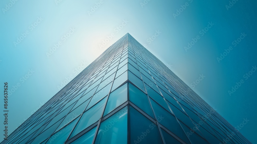 Aufkleber sharp corner of a glass skyscraper illuminated by sunlight against a clear sky. symbolizes innovatio