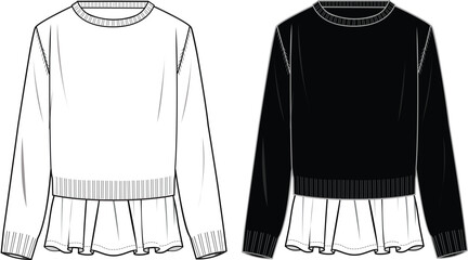 Women's 2 in 1 Jumper. Technical fashion illustration. Front, white and black colour. Women's CAD mock-up.