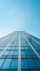 Fototapeta premium Modern skyscraper against a clear blue sky viewed from the ground up. Perfect for business and architectural themes. Urban development and corporate structure concept