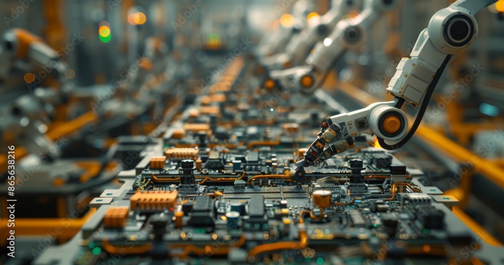 Poster close-up of robotic arms working on a production line with advanced machinery in a high-tech factory