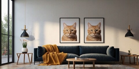 Frame mockup with cat portrait, ISO A paper size. Living room wall poster mockup with a cozy house background. Modern interior design featuring a 3D render of a cat on the floor