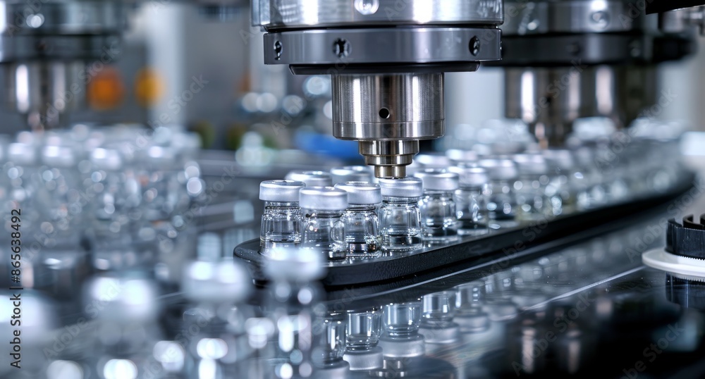Poster close-up of an automated machine filling and capping vials in a pharmaceutical factory