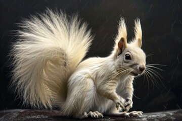 An artistic image of a white squirrel, its fluffy tail and curious eyes highlighted against a dark charcoal backdrop. The squirrel's playful nature and detailed fur texture are vividly captured.