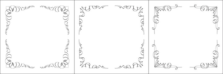 Set of three vector frames. Elegant black and white monochrome ornamental border for greeting cards, banners, invitations. Vector frame for all sizes and formats. Isolated vector illustration.	
