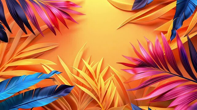 Trendy summer Bali-style floral pattern with vibrant palm-shaped leaves in pink, yellow, blue, and purple hues. Sunlight and shadows botanical tropical wallpaper