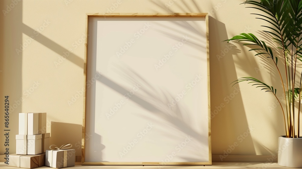 Poster an empty frame mock up on a table next to the gift box.