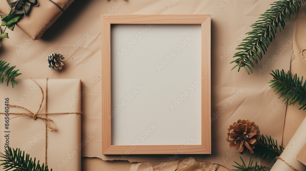 Poster an empty frame mock up on a table next to the gift box.