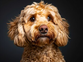 A brown dog with curly hair looking at the camera.