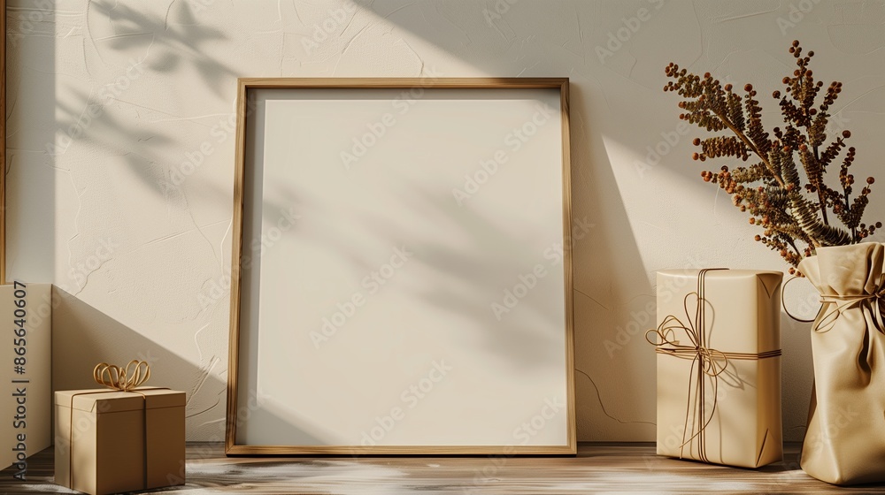 Poster an empty frame mock up on a table next to the gift box.