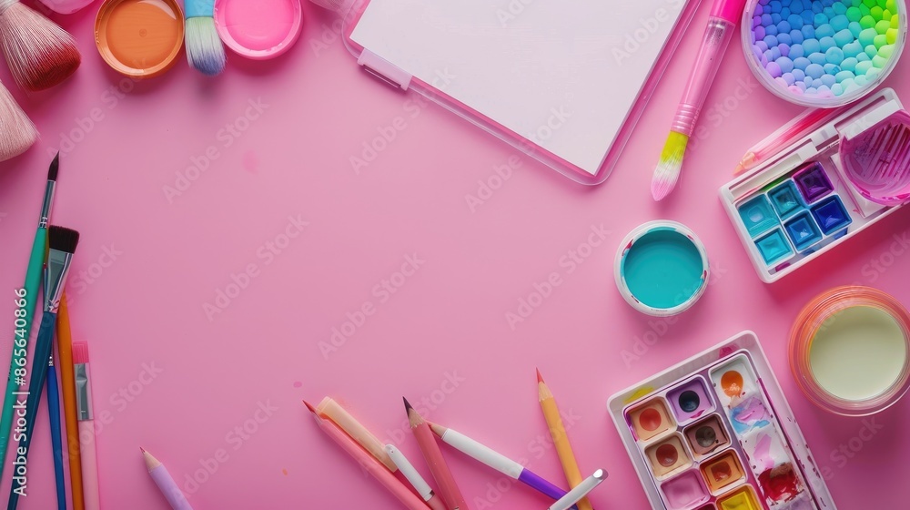 Sticker colorful desktop setup with art supplies on pink backdrop empty area for text