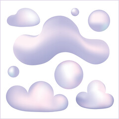 Set of 3D clouds and spheres with gradient in blue colors, pearl colors. Vector isolated illustration.