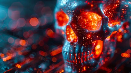 A skull with glowing eyes and a city background.