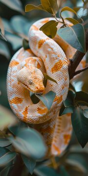 A snake in a tree with leaves and a white head.