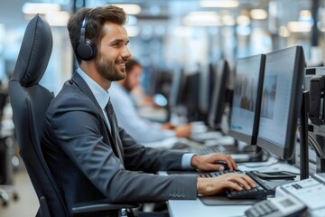 high angle view of a young businessman videochatting with senior colleagues on a computer in a modern office setting.