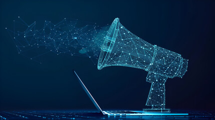 A digital, wireframe representation of a megaphone emerging from a laptop. The megaphone is constructed of interconnected lines and dots, giving it a futuristic, digital appearance