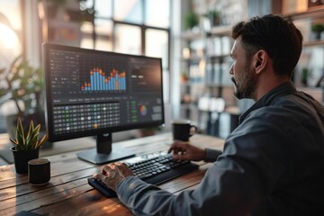 high angle view of a businessperson analyzing a statistical graph on a computer at a wooden desk.