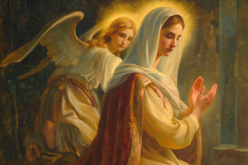 Fototapeta premium Archangel Gabriel comes to Mary for Annunciation, Mary and Gabriel